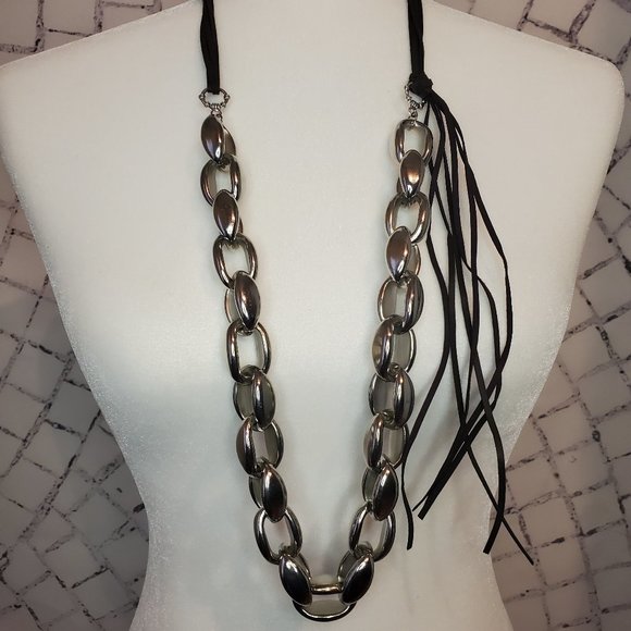 Bold Large Cable Link Chain Leather Necklace - Picture 3 of 4